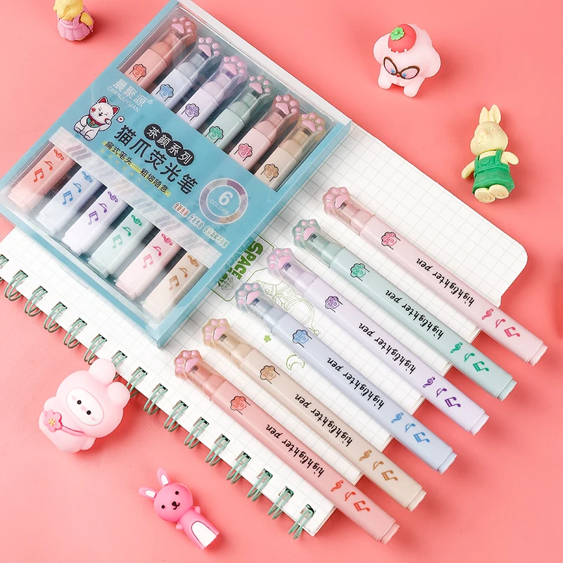 Pastel Highlighter Set Double Ended - 6 buah/bungkus Kawaii Cakar Kucing Warna