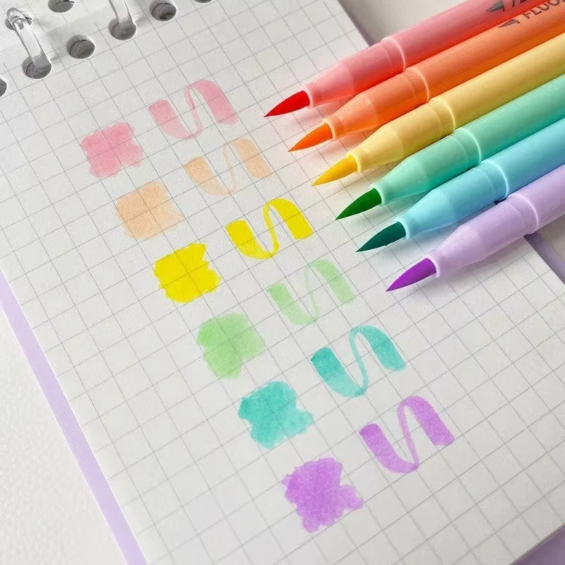 Pastel Highlighter Set Double Ended - Set Pena Fluoresensi Kuas Lembut 6