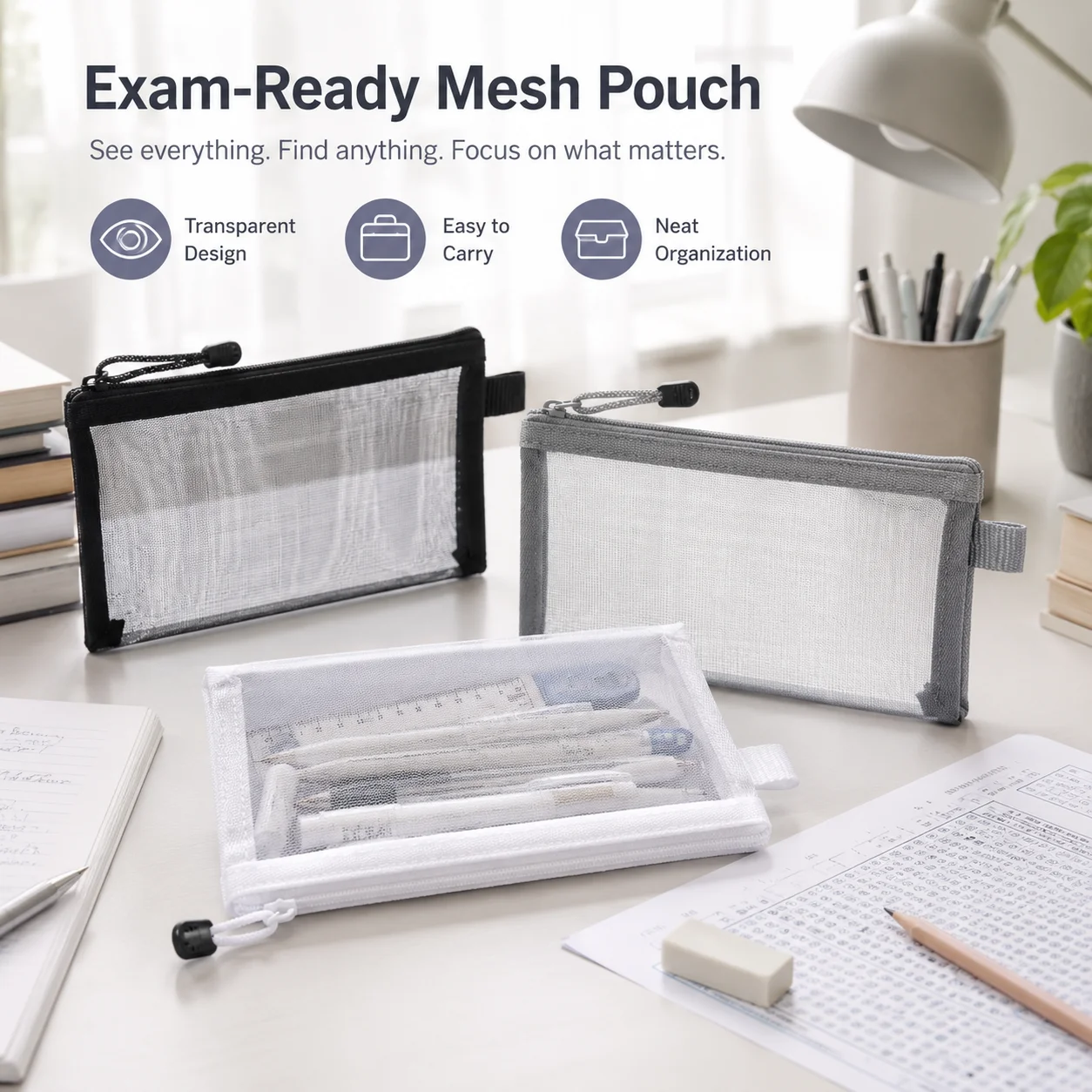 Tas Pena Jala Transparan, Temp - Clear Mesh Pencil Pouch For Exam ulasan dan harga