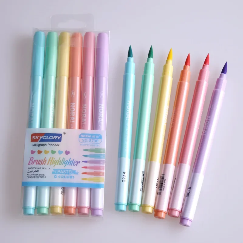 6 buah/set pena kuas Highlight - Pastel Highlighter Set Double Ended ulasan dan harga