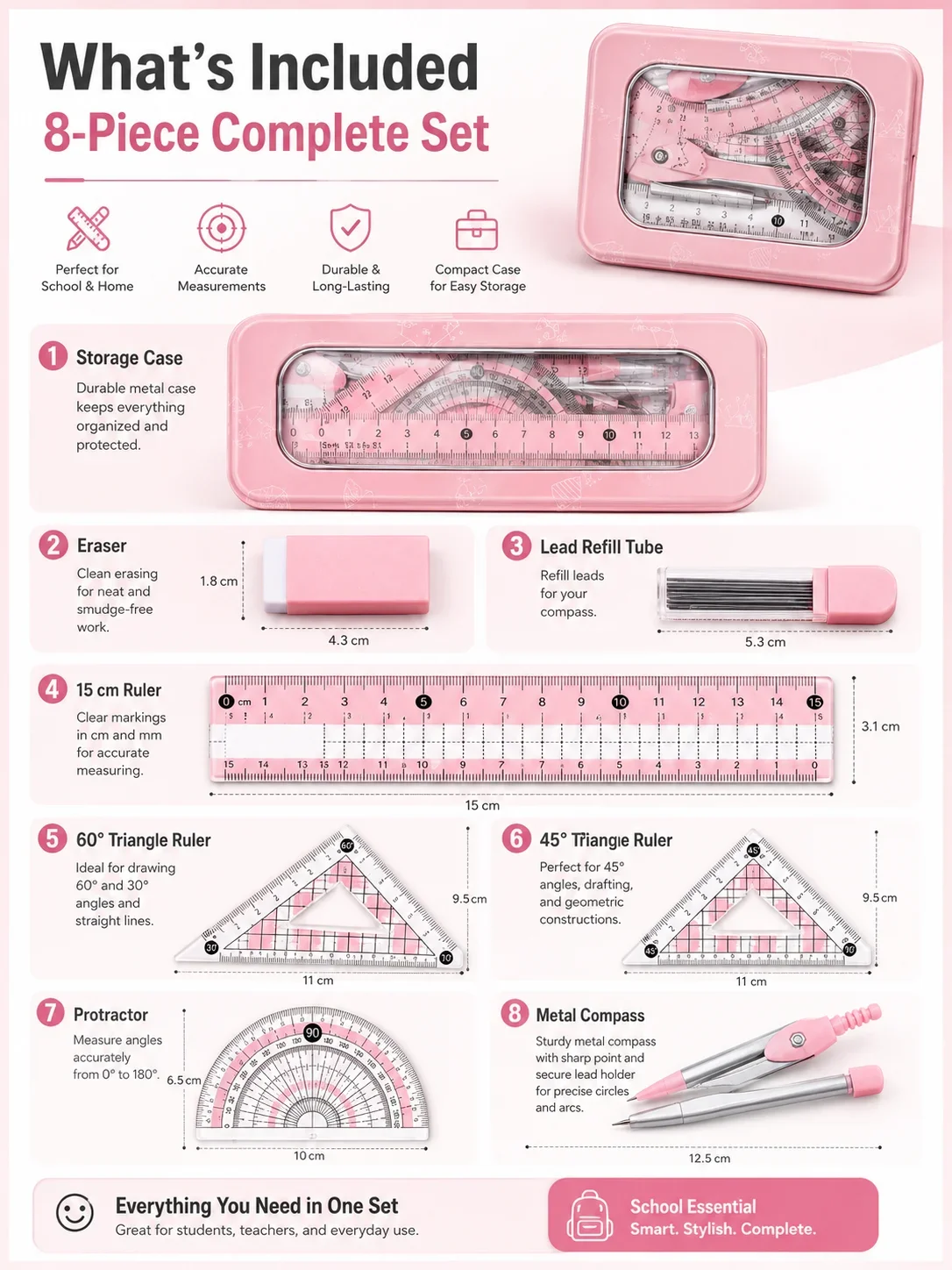 Set Geometri Matematika 8-Poto - Math Geometry Set With Compass ulasan dan harga