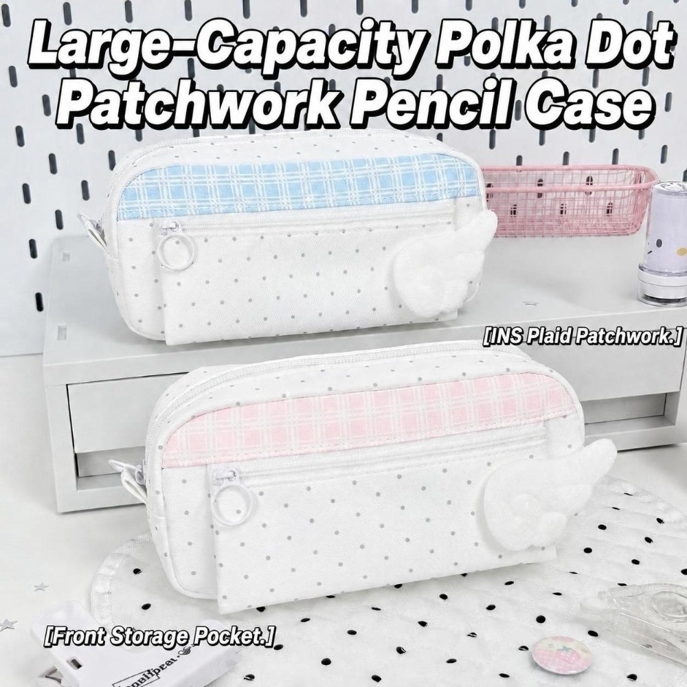 Kotak Pensil Polka Dot Plaid E - Aesthetic Large Pencil Case Pouch ulasan dan harga