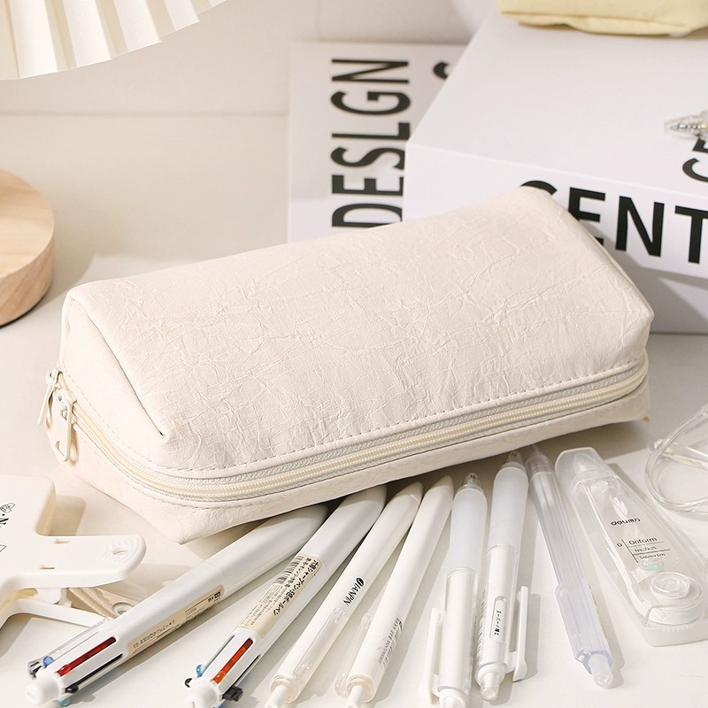 Kotak Pensil Kulit Krim Kawaii - Aesthetic Large Pencil Case Pouch ulasan dan harga
